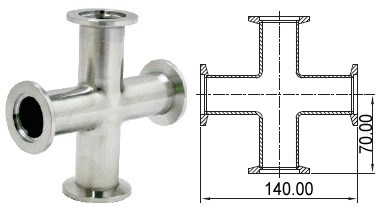 Крест с фланцами KF50 (NW50) длиной140 мм, нержавеющая сталь 304L - фото 8398